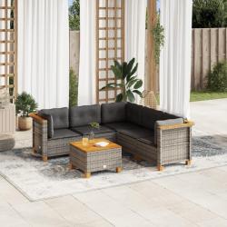 Salon de jardin 6 pcs avec coussins gris r&eacute;sine tress&eacute;e