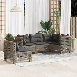 Salon de jardin 5 pcs avec coussins gris r&eacute;sine tress&eacute;e