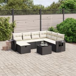 Salon de jardin 8 pcs avec coussins noir r&eacute;sine tress&eacute;e
