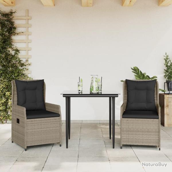 Ensemble � manger de jardin 3pcs coussins gris clair poly rotin