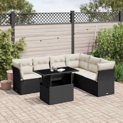 Salon de jardin 7 pcs avec coussins noir r&eacute;sine tress&eacute;e