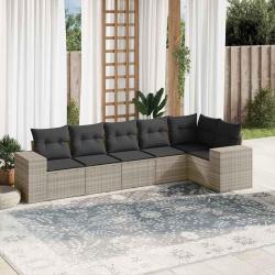 Salon de jardin 6 pcs avec coussins gris clair r&eacute;sine tress&eacute;e