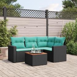 Salon de jardin 5 pcs avec coussins noir r&eacute;sine tress&eacute;e