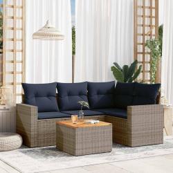 Salon de jardin 5 pcs avec coussins gris r&eacute;sine tress&eacute;e