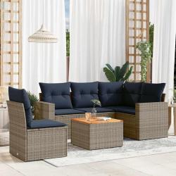 Salon de jardin 6 pcs avec coussins gris r&eacute;sine tress&eacute;e
