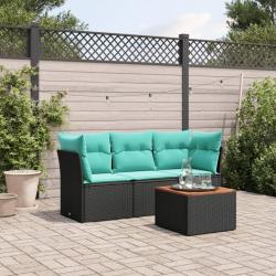 Salon de jardin 4 pcs avec coussins noir r&eacute;sine tress&eacute;e