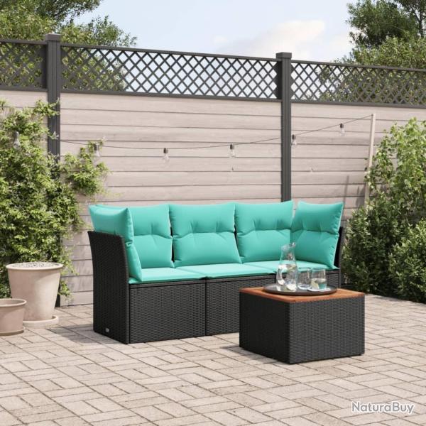 Salon de jardin 4 pcs avec coussins noir r�sine tress�e