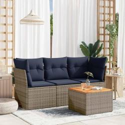 Salon de jardin 4 pcs avec coussins gris r&eacute;sine tress&eacute;e
