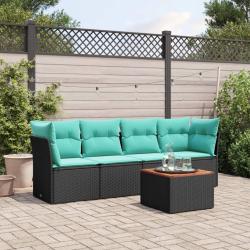 Salon de jardin 5 pcs avec coussins noir r&eacute;sine tress&eacute;e