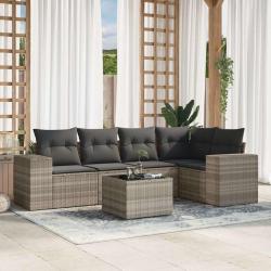 Salon de jardin 6 pcs avec coussins gris clair r&eacute;sine tress&eacute;e