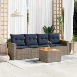 Salon de jardin 5 pcs avec coussins gris r&eacute;sine tress&eacute;e