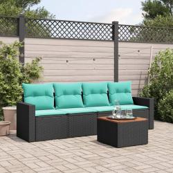 Salon de jardin 5 pcs avec coussins noir r&eacute;sine tress&eacute;e