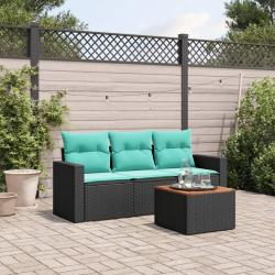 Salon de jardin 4 pcs avec coussins noir r&eacute;sine tress&eacute;e