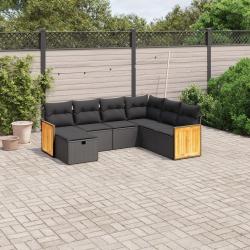 Salon de jardin 7 pcs avec coussins noir r&eacute;sine tress&eacute;e