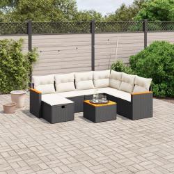 Salon de jardin 8 pcs avec coussins noir r&eacute;sine tress&eacute;e