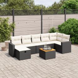 Salon de jardin 8 pcs avec coussins noir r&eacute;sine tress&eacute;e