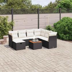 Salon de jardin 8 pcs avec coussins noir r&eacute;sine tress&eacute;e