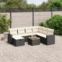 Salon de jardin 8 pcs avec coussins noir r&eacute;sine tress&eacute;e