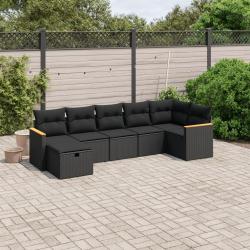 Salon de jardin 7 pcs avec coussins noir r&eacute;sine tress&eacute;e