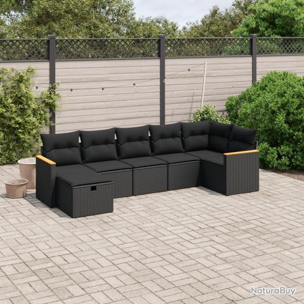 Salon de jardin 7 pcs avec coussins noir r�sine tress�e