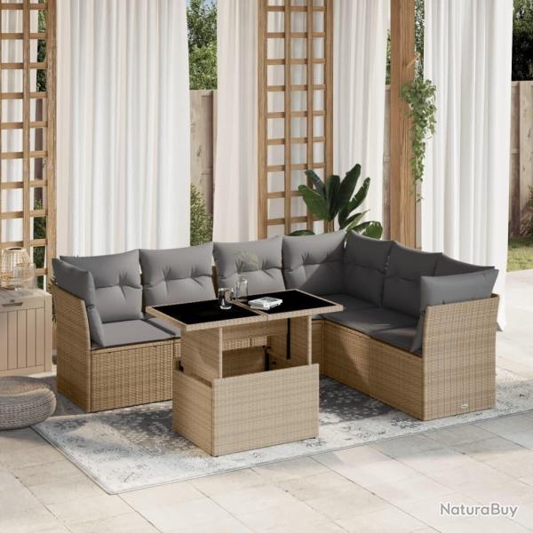 Salon de jardin avec coussins 7 pcs beige r�sine tress�e