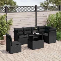 Salon de jardin 7 pcs avec coussins noir r&eacute;sine tress&eacute;e