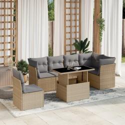 Salon de jardin avec coussins 7 pcs beige r&eacute;sine tress&eacute;e