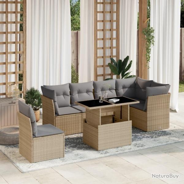 Salon de jardin avec coussins 7 pcs beige r�sine tress�e