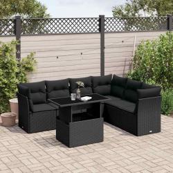 Salon de jardin 7 pcs avec coussins noir r&eacute;sine tress&eacute;e