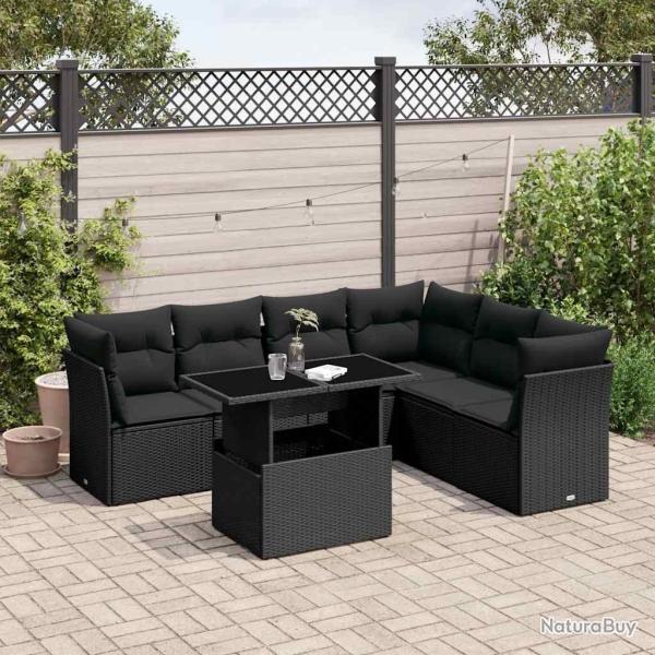 Salon de jardin 7 pcs avec coussins noir r�sine tress�e