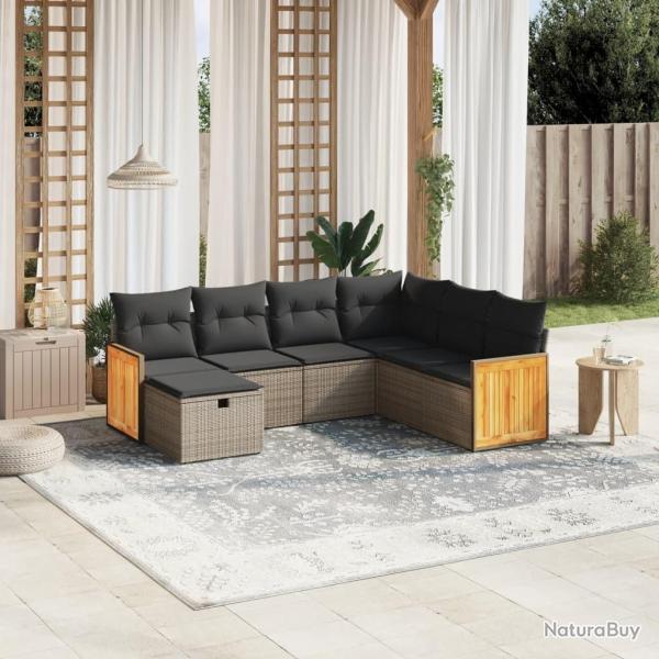 Salon de jardin avec coussins 7 pcs gris r�sine tress�e
