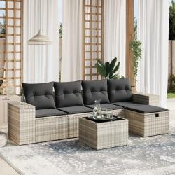 Salon de jardin 6 pcs avec coussins gris clair r&eacute;sine tress&eacute;e