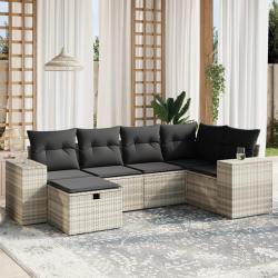 Salon de jardin 6 pcs avec coussins gris clair r&eacute;sine tress&eacute;e