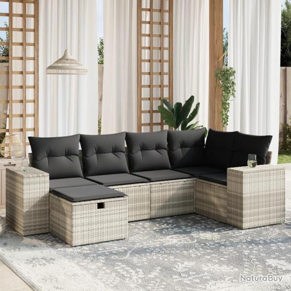 Salon de jardin 6 pcs avec coussins gris clair r�sine tress�e