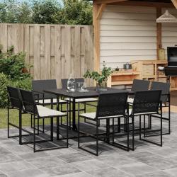 Ensemble &agrave; manger de jardin 9pcs coussins noir r&eacute;sine tress&eacute;e