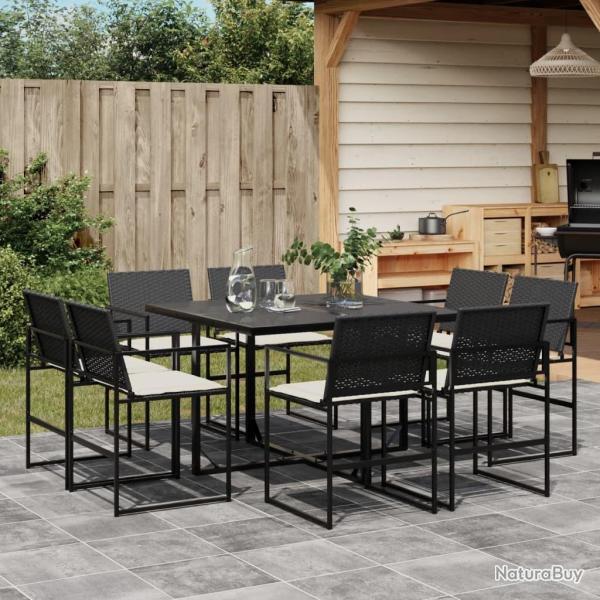 Ensemble � manger de jardin 9pcs coussins noir r�sine tress�e