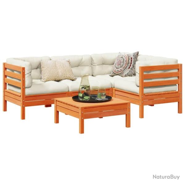 Salon de jardin 5 pcs avec coussins cire marron bois pin massif