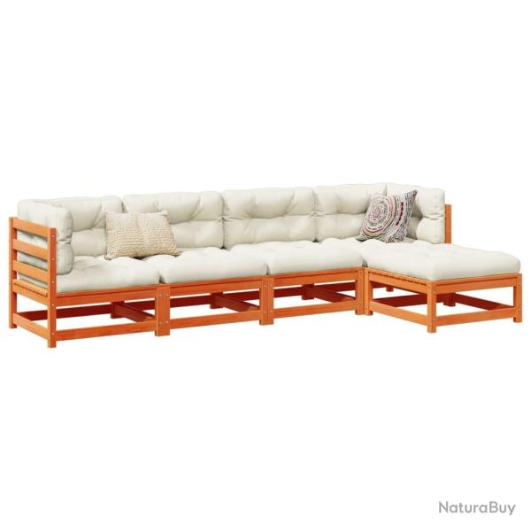 Salon de jardin 5 pcs avec coussins cire marron bois pin massif