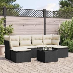 Salon de jardin 7 pcs avec coussins noir r&eacute;sine tress&eacute;e