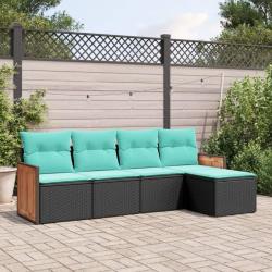 Salon de jardin 5 pcs avec coussins noir r&eacute;sine tress&eacute;e