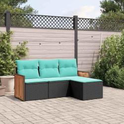 Salon de jardin 4 pcs avec coussins noir r&eacute;sine tress&eacute;e