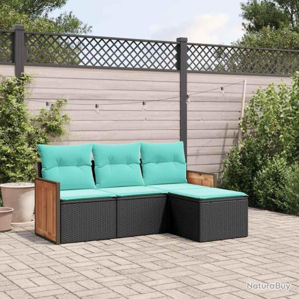 Salon de jardin 4 pcs avec coussins noir r�sine tress�e