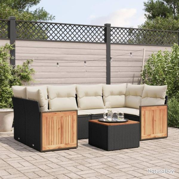 Salon de jardin 7 pcs avec coussins noir r�sine tress�e