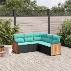 Salon de jardin 5 pcs avec coussins noir r&eacute;sine tress&eacute;e
