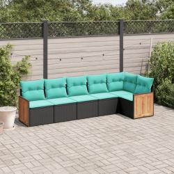Salon de jardin 6 pcs avec coussins noir r&eacute;sine tress&eacute;e