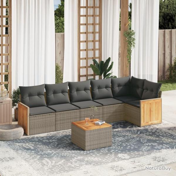 Salon de jardin avec coussins 7 pcs gris r�sine tress�e