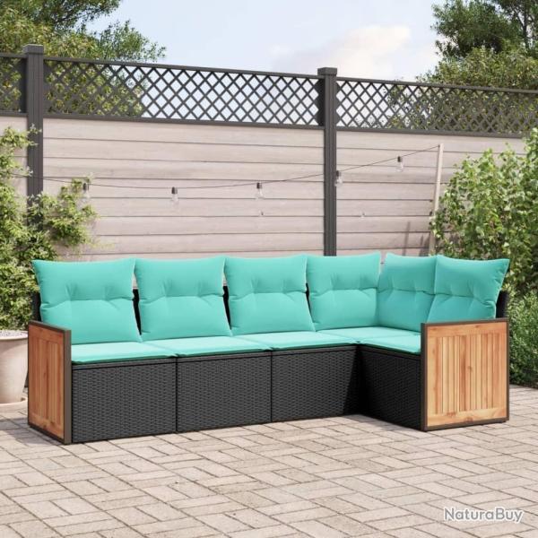 Salon de jardin 5 pcs avec coussins noir r�sine tress�e