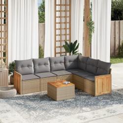 Salon de jardin avec coussins 7 pcs beige r&eacute;sine tress&eacute;e