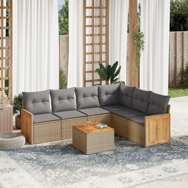 Salon de jardin avec coussins 7 pcs beige r�sine tress�e