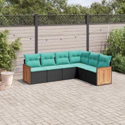 Salon de jardin 6 pcs avec coussins noir r&eacute;sine tress&eacute;e